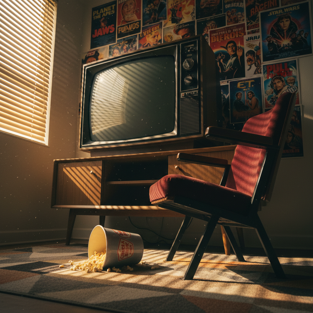 An oversized vintage TV set with rounded screen and faux-wood cabinet sits on a low mid-century console, its glass surface reflecting a chaotic collage of movie posters taped haphazardly to the wall behind it. A worn velvet cinema-style seat faces the TV, cushion slightly askew, with a metal popcorn bucket spilling kernels onto a patterned rug. Warm golden hour light pours through venetian blinds to the left, streaking the scene with dramatic diagonal beams and catching dust motes in the air. Photographic realism, shot from a slightly low, wide-angle perspective, emphasizing the TV’s dominance. The mood is playful, nostalgic, and irreverent, as if this is the throne room of a film-obsessed critic who never takes anything too seriously.