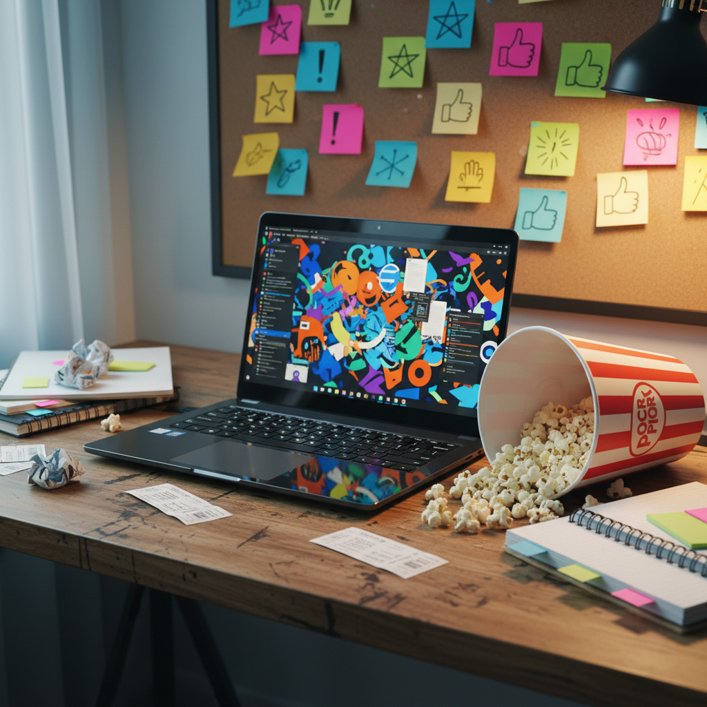 A pristine, glossy black laptop open on a scuffed wooden desk, its screen filled with an exaggeratedly cluttered interface of colorful, abstract shapes suggesting multiple streaming apps and review drafts without showing any real text. Surrounding the laptop are movie tickets, dog-eared notebooks with sticky tabs jutting out, and a comically oversized red-and-white striped popcorn tub tipped on its side. Neon-colored sticky notes decorate a corkboard behind, featuring only doodles of stars, exclamation marks, and thumbs-up icons. Cool, diffused evening light from a nearby window combines with the soft glow of a desk lamp, creating a cozy yet energetic atmosphere. Photographic realism, shot from a three-quarter angle with shallow depth of field, highlighting the laptop as the command center of raw, hilarious film commentary.