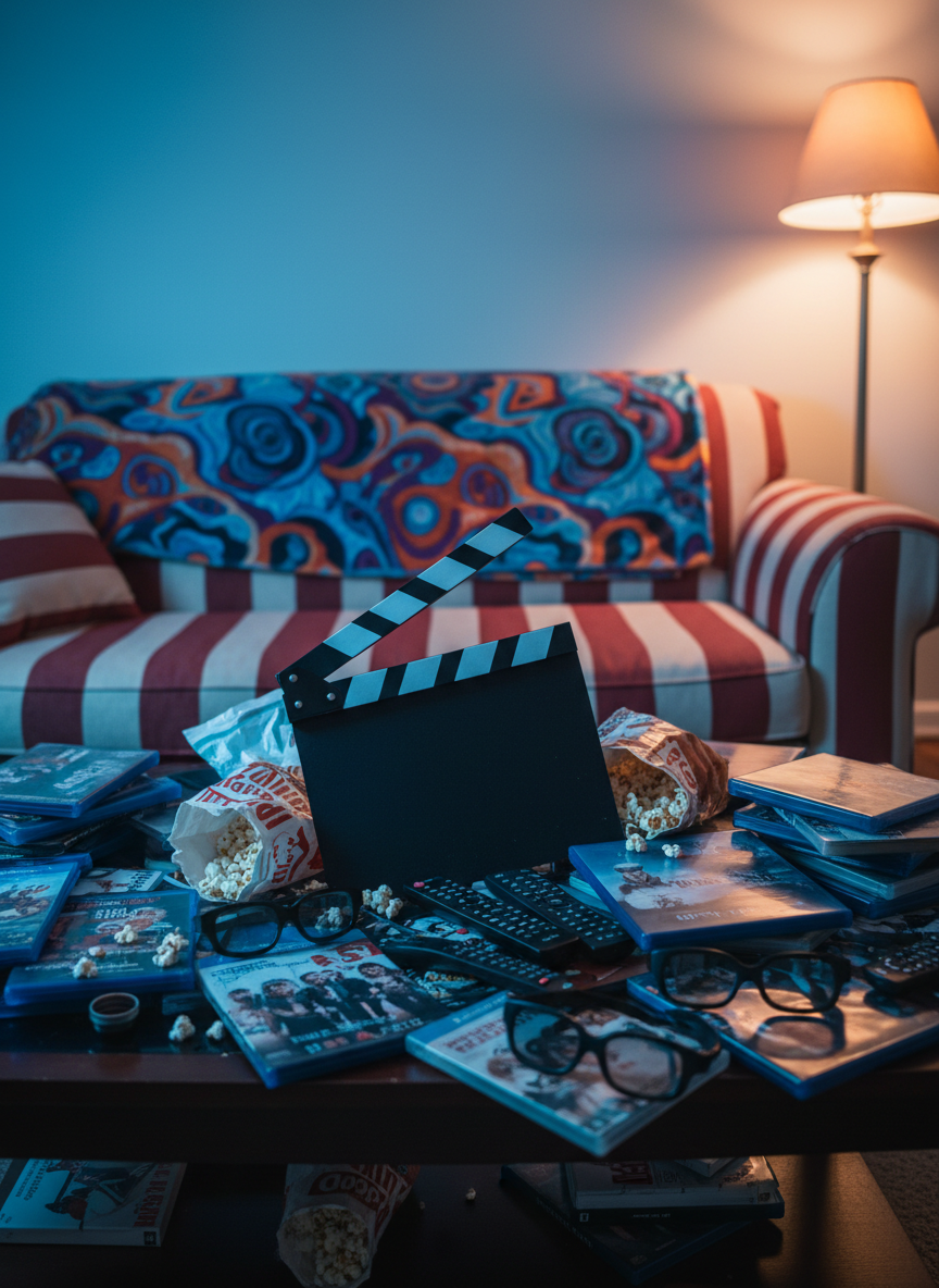 A chaotic living room coffee table overflowing with glossy Blu-ray cases, crumpled popcorn bags, and a dramatically toppled director’s clapboard at the center, its slate blank. Around it, a jumble of remote controls, 3D glasses, and an overstuffed, striped sofa with a loudly patterned throw blanket. The scene is lit by the cool bluish glow of a huge off-screen television, mixed with a single warm floor lamp in the corner, casting long, playful shadows. Shot at eye level with shallow depth of field so the clapboard is in razor-sharp focus, everything else slightly blurred. The atmosphere feels humorous, messy, and unfiltered, captured in vibrant photographic realism that screams late-night movie marathons and unapologetic film opinions.